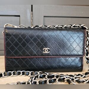 CHANEL Quilted Calfskin Leather  Black Long Wallet On A Chain